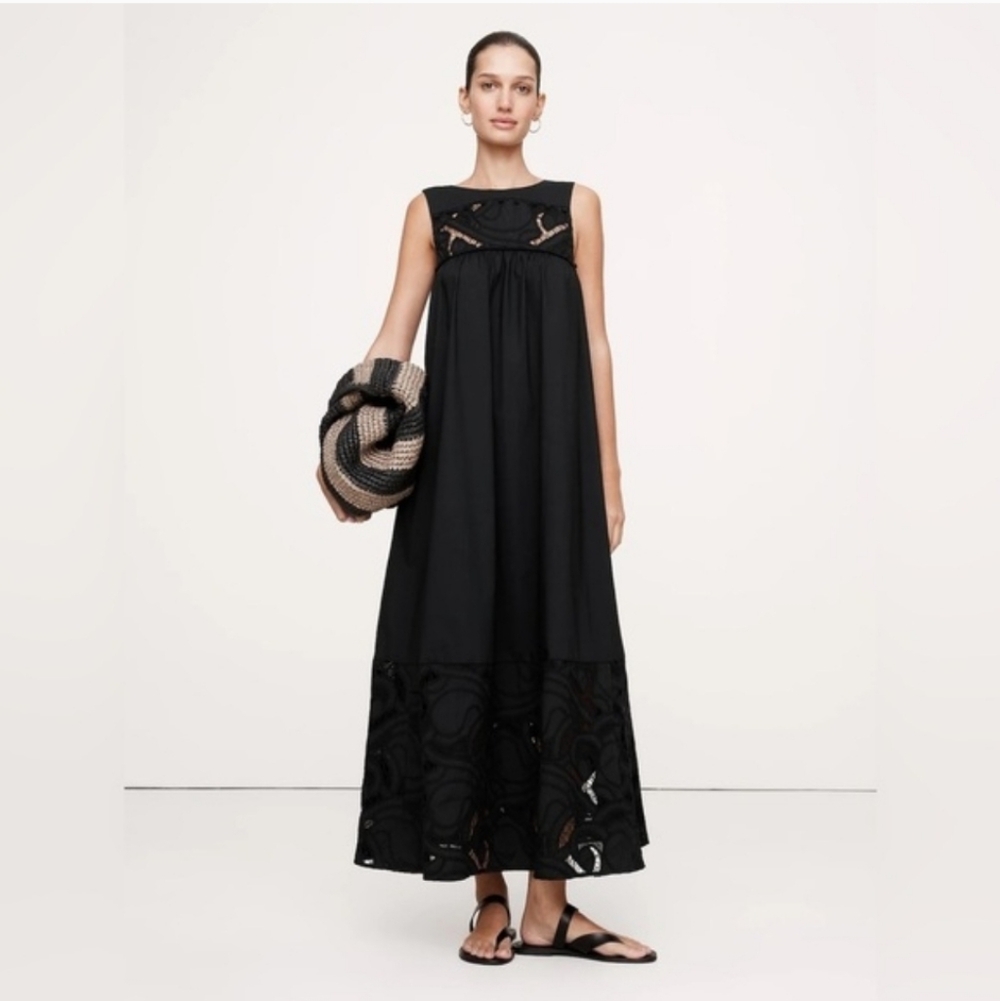 NWT Banana Republic Embroidered Cotton Poplin Maxi Dress Black